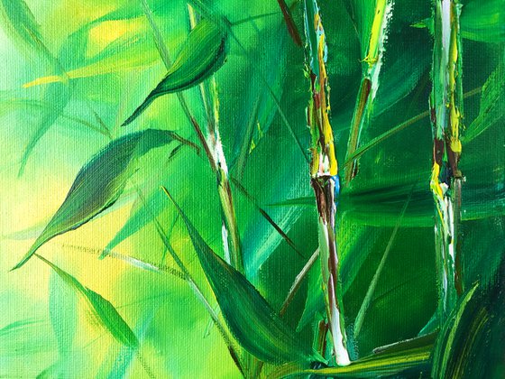 RUSTLE OF LEAVES - Bamboo thickets. Forest landscape. Nature of Asia. Green leaves. Abstract background. Jungle. Cane.