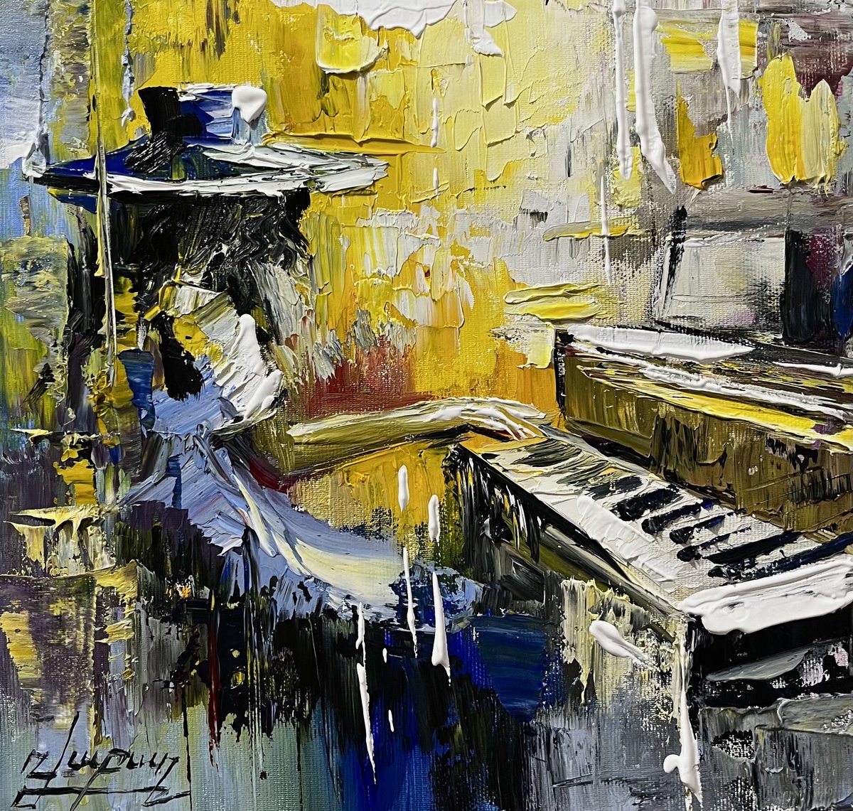 Abstract Portrait Oil Painting By Vahe Bagumyan, 11 X 11", Golden Nocturne, Original Artwork