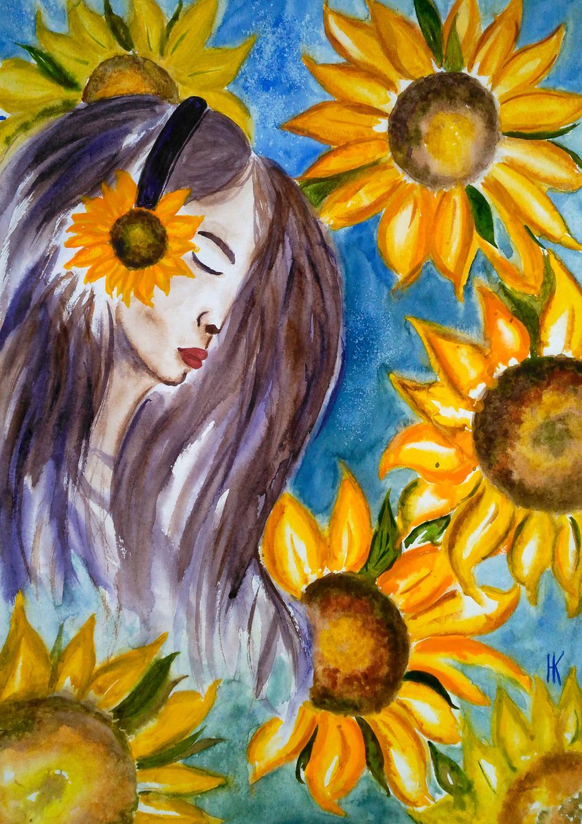 Flower Head Painting Portrait Original Art Sunflowers Watercolor Floral Artwork Female Por... by Halyna Kirichenko