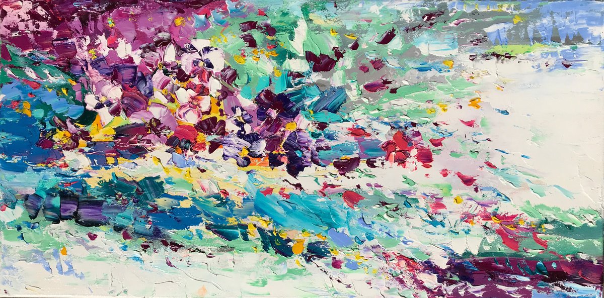 Abstract Botanical Oil Painting By Svitlana Andriichenko, 24 X 12", Illusion, Original Artwork