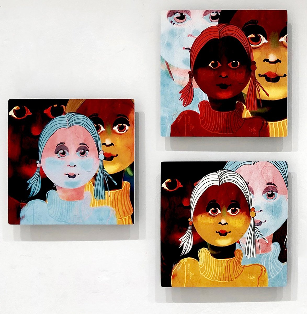 Portrait Print By Hilde Hoekstra, 9 X 9, Tryptich-Three Sisters, Original Artwork