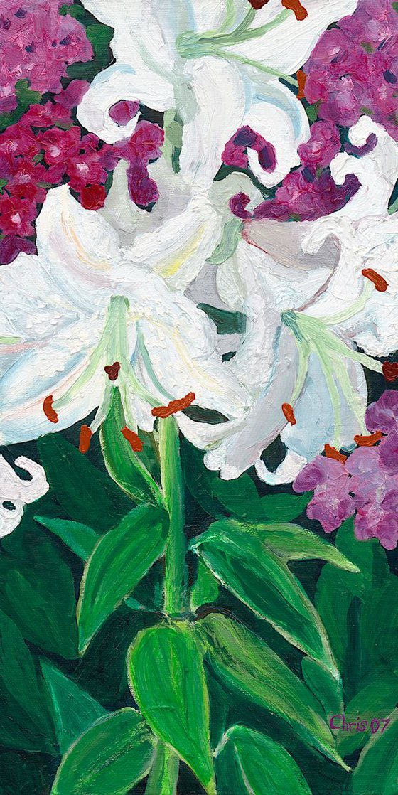 White Lilies with Purple Phlox