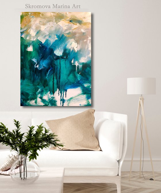 THUNDER FLOWER - Abstract. Flowers. Peony. Hand Painted. Large strokes. Gradient. Emerland. Blue. Petals.