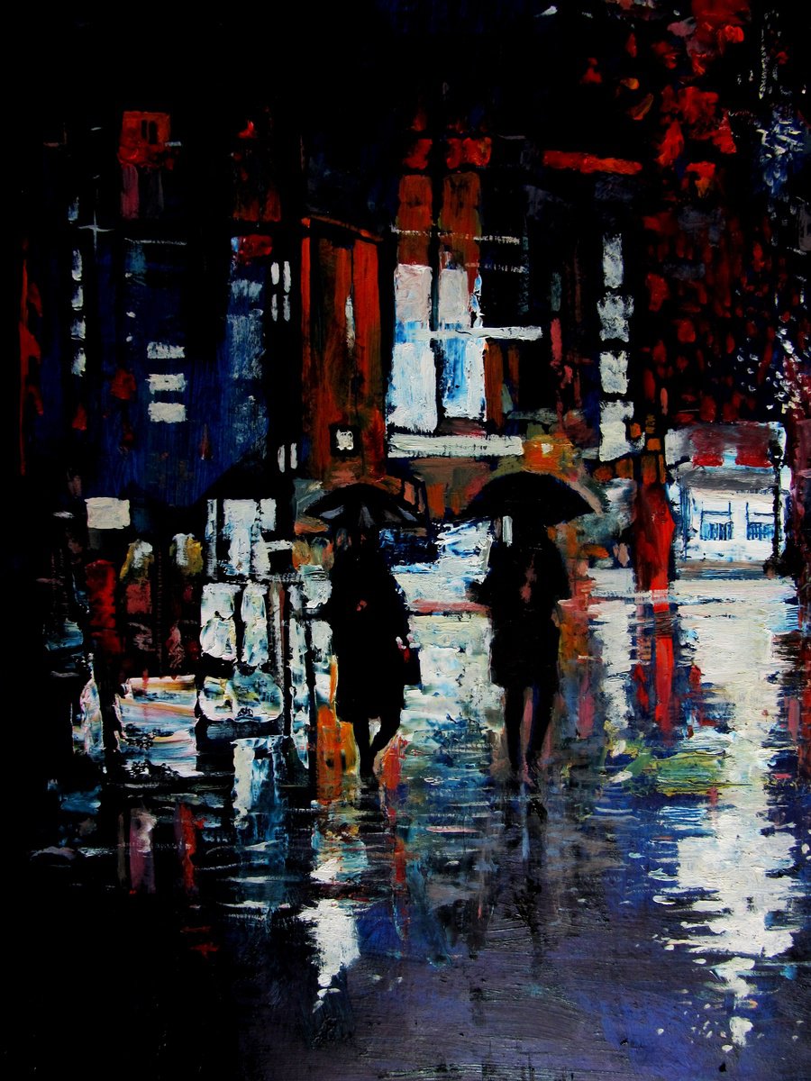 Urban And Pop Cityscapes Oil Painting By Serhiy Roy, 17 X 23", Night In The City 02., Original Artwork