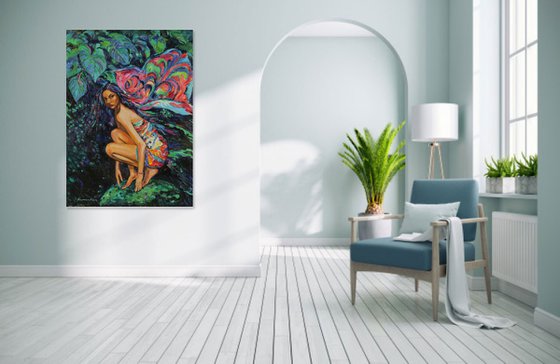 MOTH - Virgo zodiac sign - fgurative original oil painting, large, deep blue, butterfly