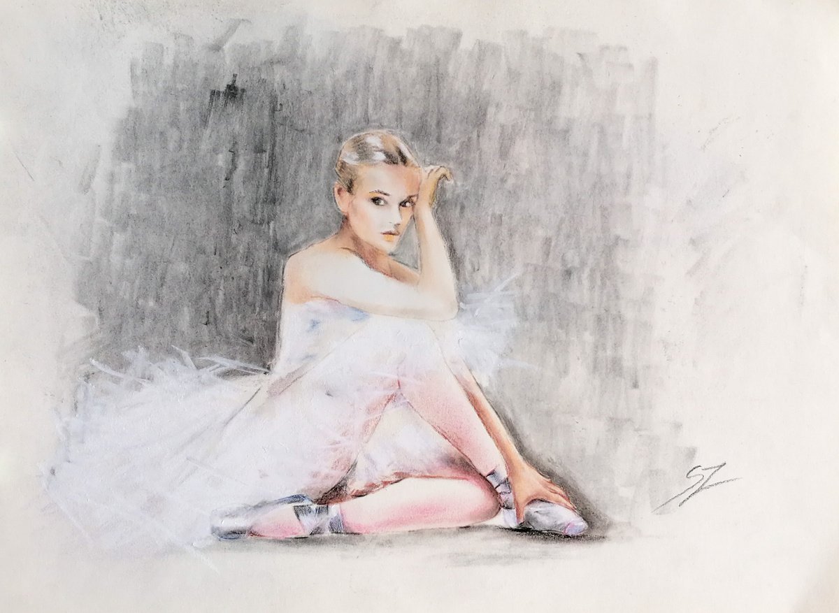 Seated ballerina with a white dress by Susana Zarate