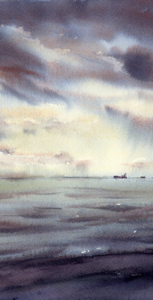 Watercolor seascape, Sky and ocean, Atmospheric painting by Yulia Evsyukova