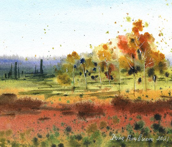 Autumn landscape painting original watercolor on paper forest and trees , country artwork gift idea