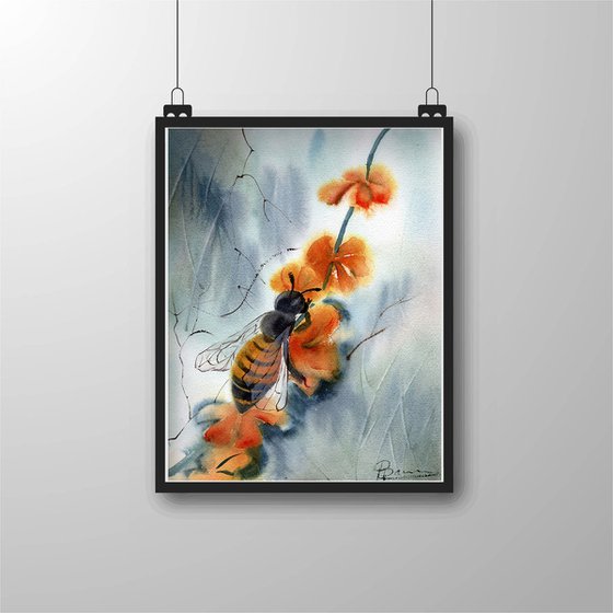 Honey bee with flower Watercolor ORIGINAL Painting