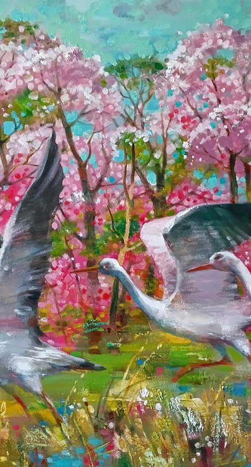 Storks on a Flower Meadow by Anatolii Tarabаnov