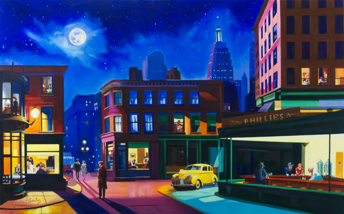Impressionistic Cityscapes Oil Painting By Gordon Bruce, 48 X 30, In Search Of Edward Hopper, Original Artwork