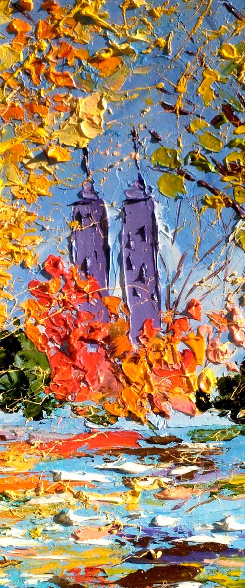 NYC Fall Painting Cityscape Original Art New York Small Oil Artwork Autumn Impasto Pallete Knife Wall Art 8 by 10" by Halyna Kirichenko by Halyna Kirichenko