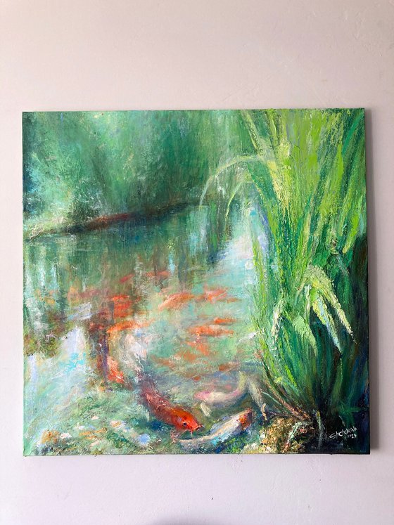 Nature in red and green . Japanese garden . Original oil painting