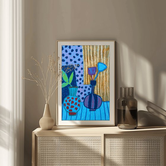 Blue Vases and Flowers