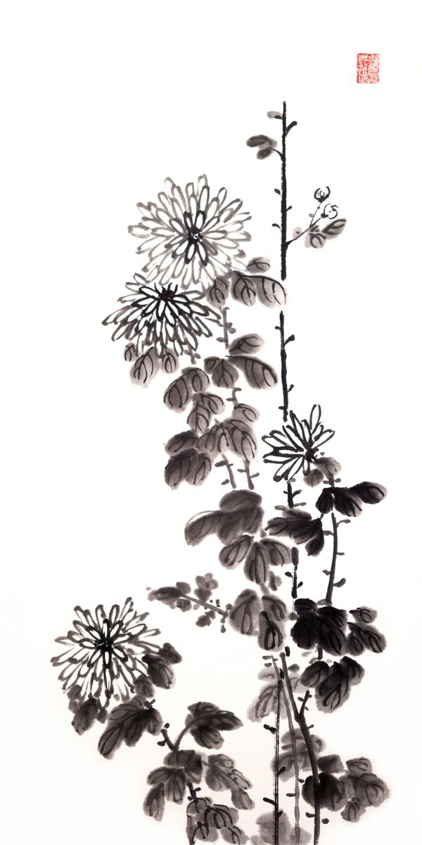 Chrysanthemums - Oriental Chinese Ink Painting by Ilana Shechter