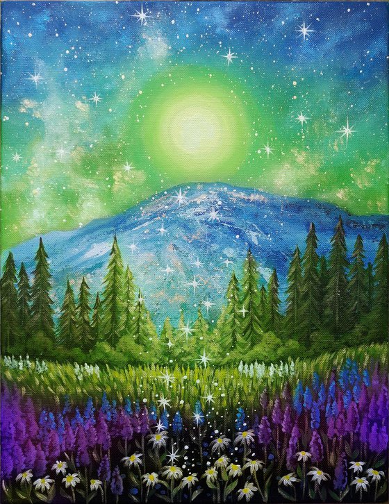"Mysterious full moon", magic landscape painting with flowers, moonscape