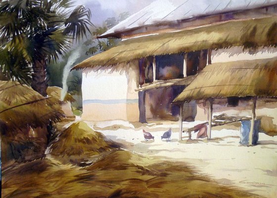 Morning Bengal Village Landscape-Watercolor on Paper