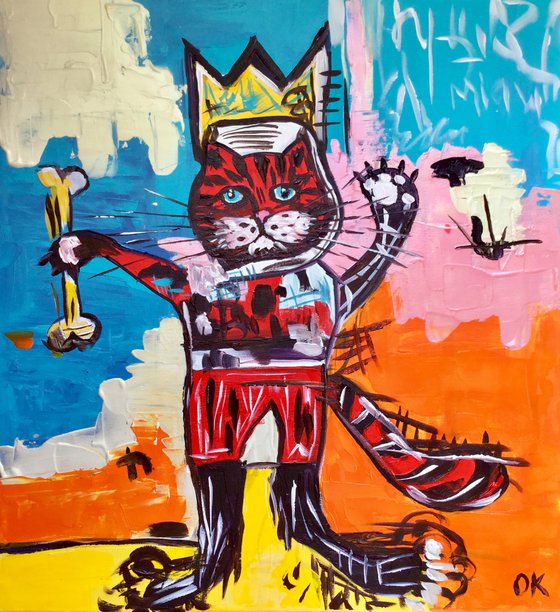 Red cat in a CROWN version of famous painting by Jean-Michel Basquiat