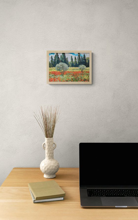 Olive Trees and Poppy Bloom. Landscape
