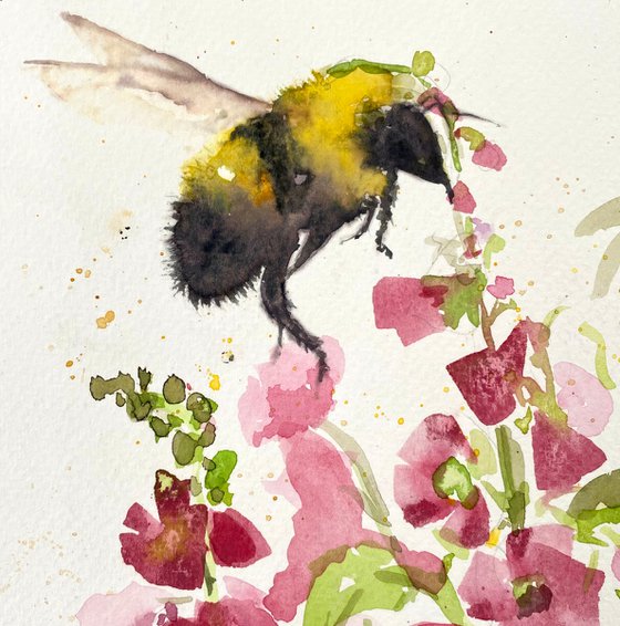 Bee and Hollyhocks