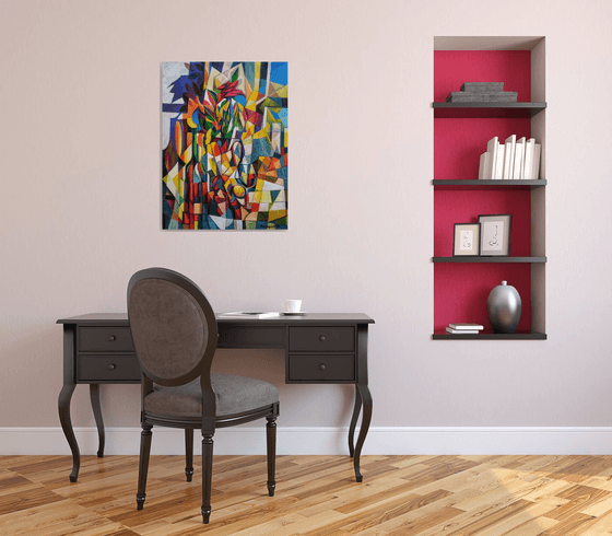 Still life with roses (60x80cm, cubism, oil painting, ready to hang)