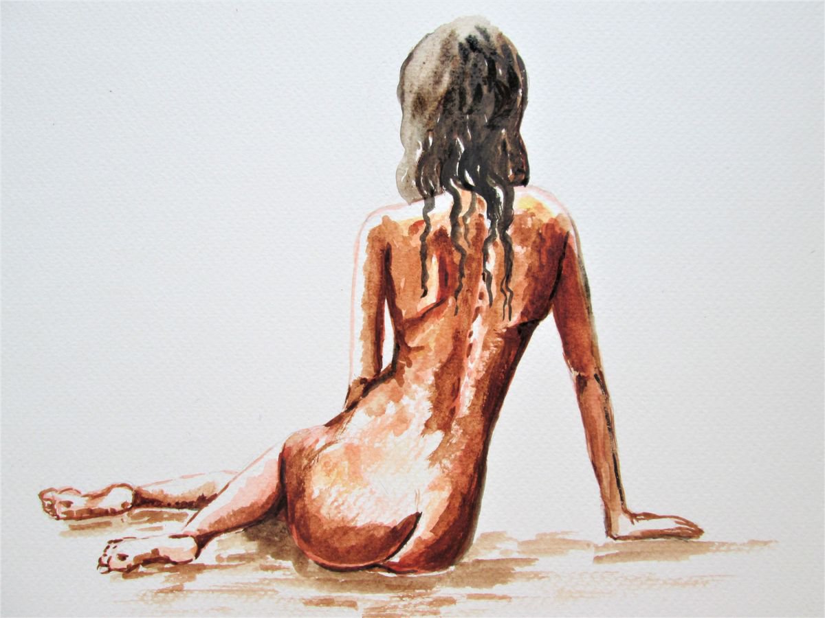 Nude female sitting Watercolour by MARJANSART | Artfinder