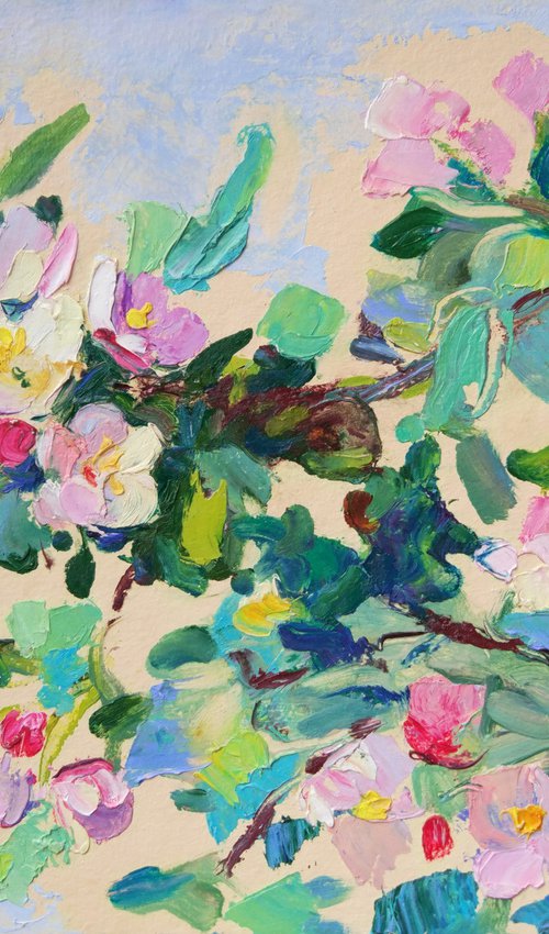 Blooming apple tree branch. Original oil painting by Helen Shukina
