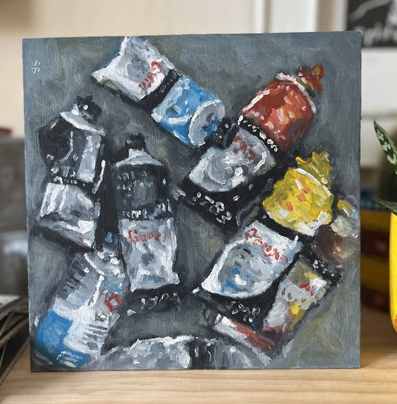 Oil paint tubes still life.