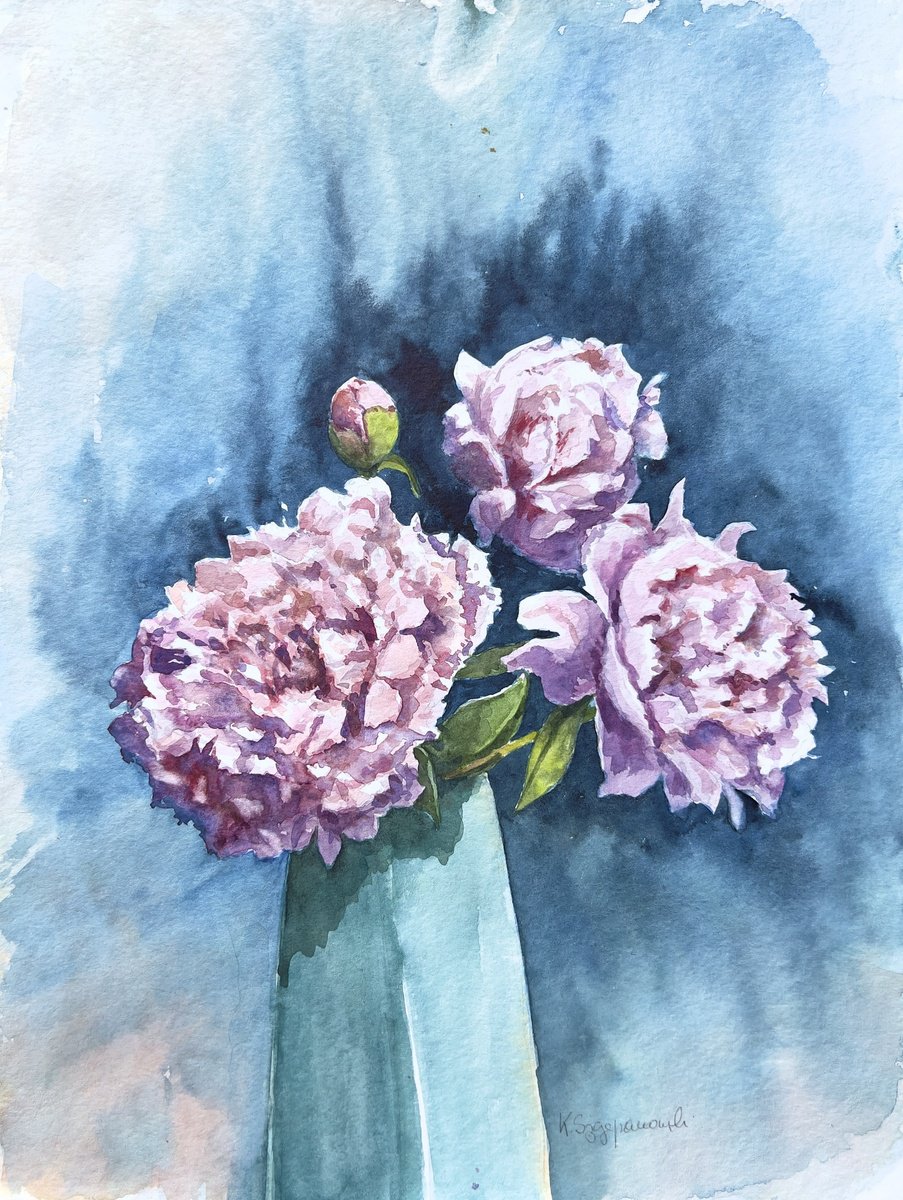 Impressionistic Watercolour , Symphonie In Blue And Pink - Peonies By Krystyna Szczepanowski, 12 X 16, Artwork For Sale On Artfinder