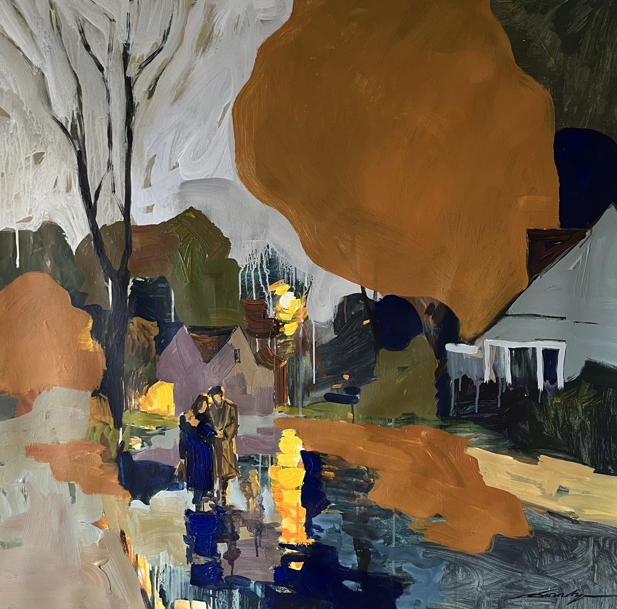 Abstract Cityscapes Acrylic Painting By Jacob Burda, 36 X 36, Autumn Evening, Original Artwork