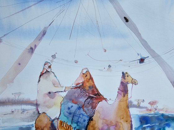 Desert Camel Ferris Wheel Watercolor