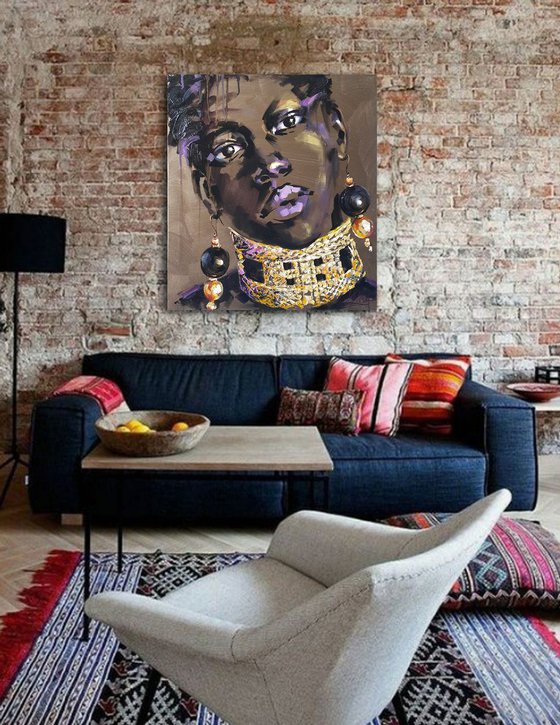 Female portrait of a black girl with gold jewelry on her neck, abstract woman portrait, oil original