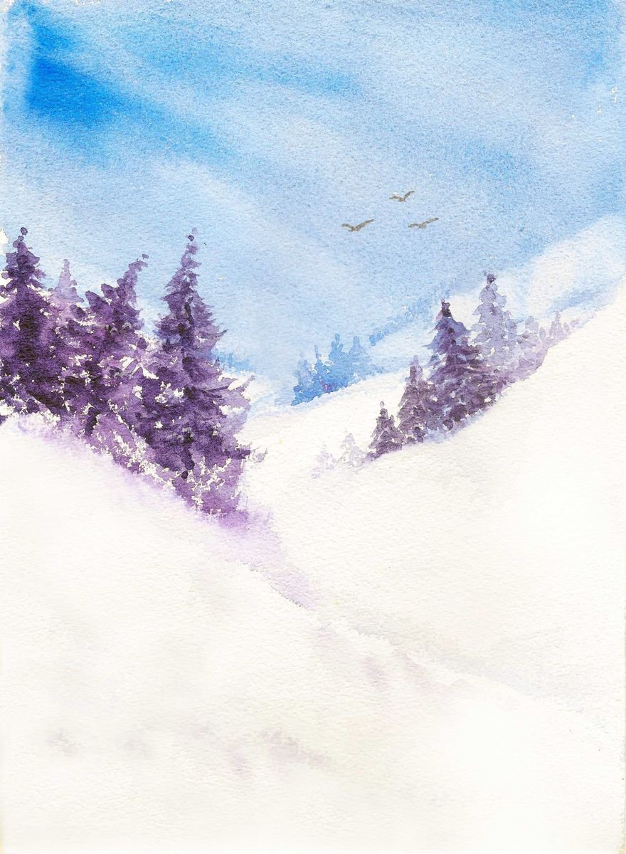 Pine trees in snow, Winter Landscape watercolour on paper 11.25x8.25 by Asha Shenoy