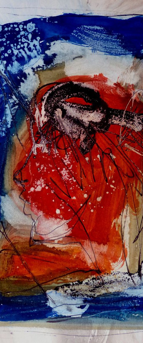 Red and blue Profile, Ink on Paper 29x42 cm by Frederic Belaubre