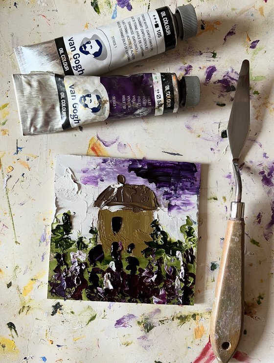 Tuscany. Tiny Cottage in lavender field. Original oil impasto painting
