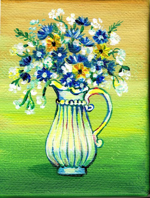 Flowers in White Vase, Original Miniature acrylic painting, Still Life N1 by Diana Aleksanian
