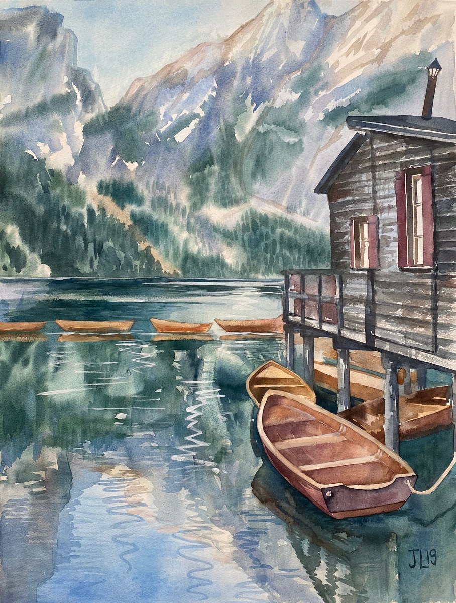 Italy Lake Landscape Watercolor on paper by Julia Logunova