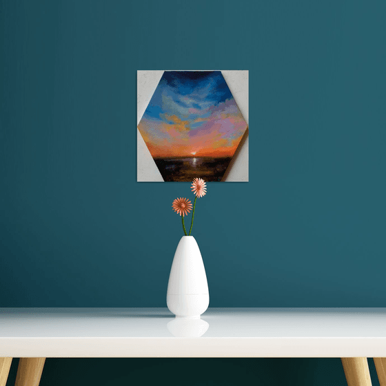 Sunset!  Ready to hang! Painting on hexagon canvas