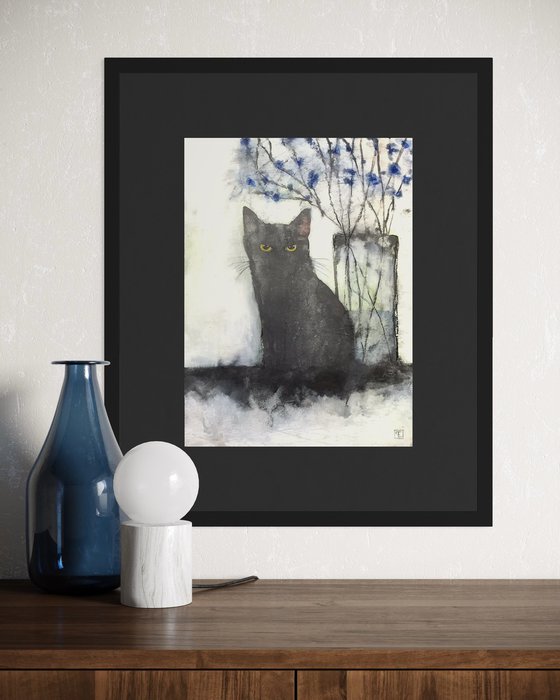CHAT NOIR ET FLEURS BLEUS