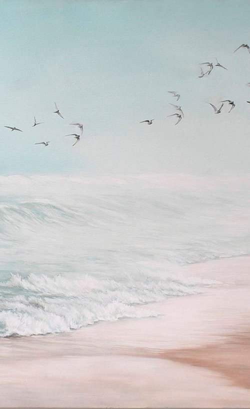 "Sea vibes 2" Blue beige landscape oil art by Mary Ameur