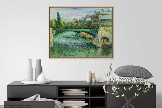 PARIS, GREEN BRIDGE OVER THE SEINE - landscape art, original oil painting, cityscape of Paris, plein air