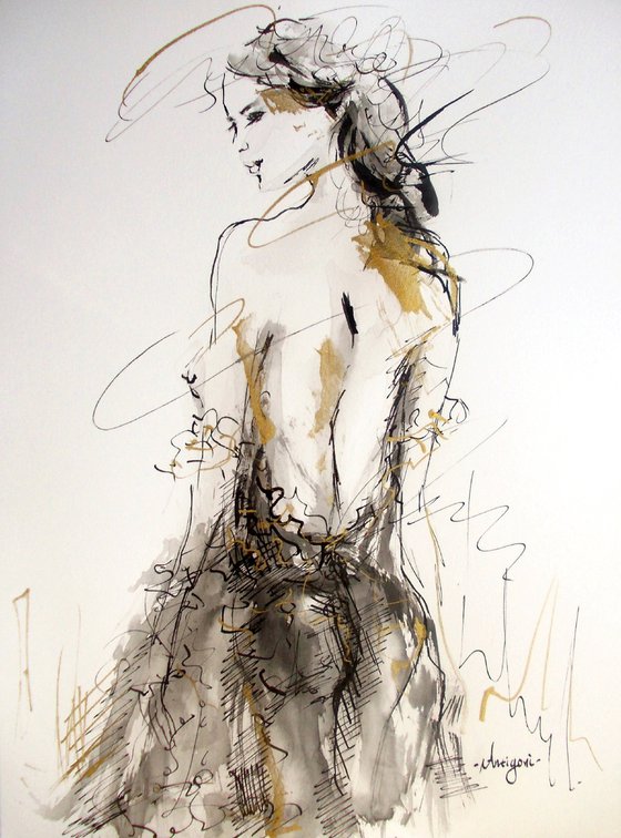 Woman  ink drawing series-Figurative drawing on paper