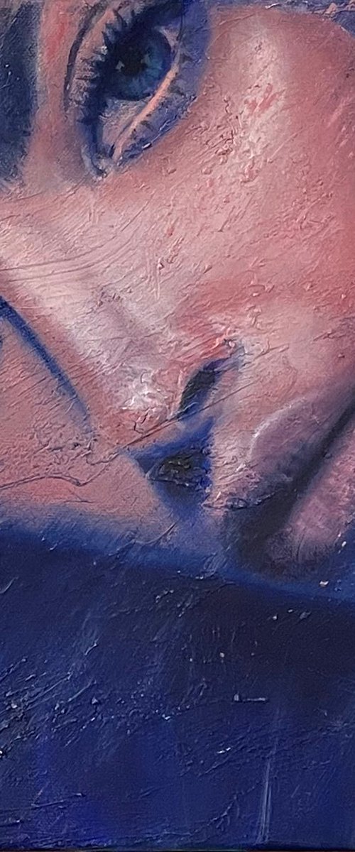 Kasey Aw | blue red pink female contemporary portrait of model oil paint on canvas Painting by RKH by Renske Karlien Hercules