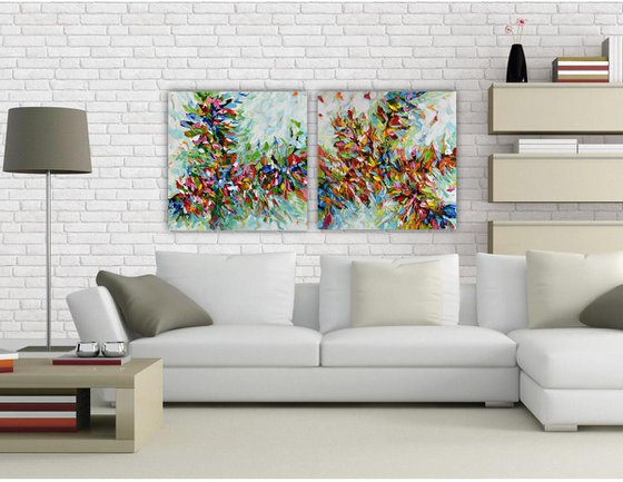 Burst of Flowers II - Abstract Original Acrylic Painting, Textured Palette Knife Wall Art Canvas