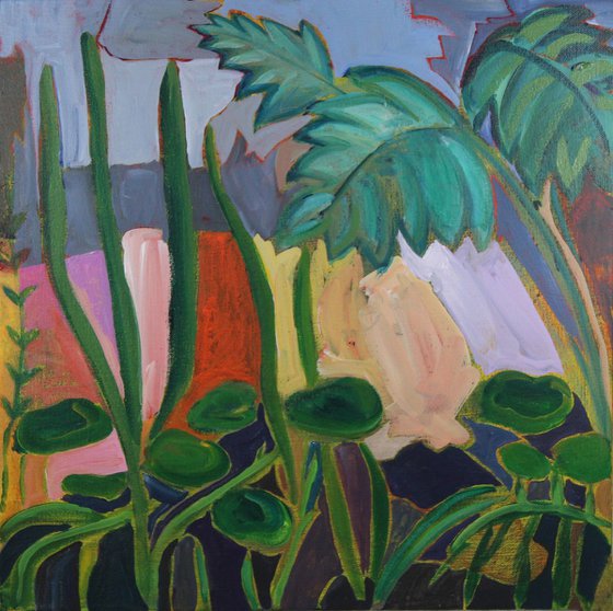 Tropical Garden - Abstract Expressionist Painting of a Colourful Greenhouse