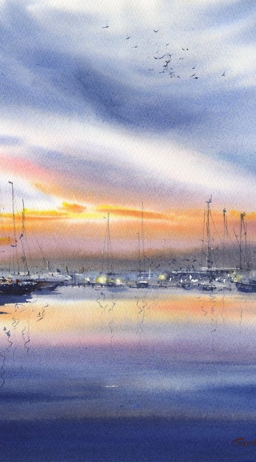 Evening harbor in Valencia by Eugenia Gorbacheva