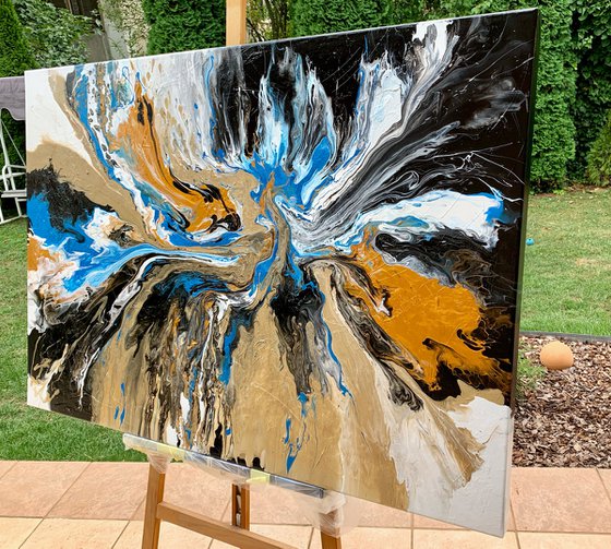 The Shining of Gold #6 - LARGE, VIBRANT, WHITE , GOLD, BLACK & BLUE ABSTRACT ART – EXPRESSIONS OF ENERGY AND LIGHT. READY TO HANG!