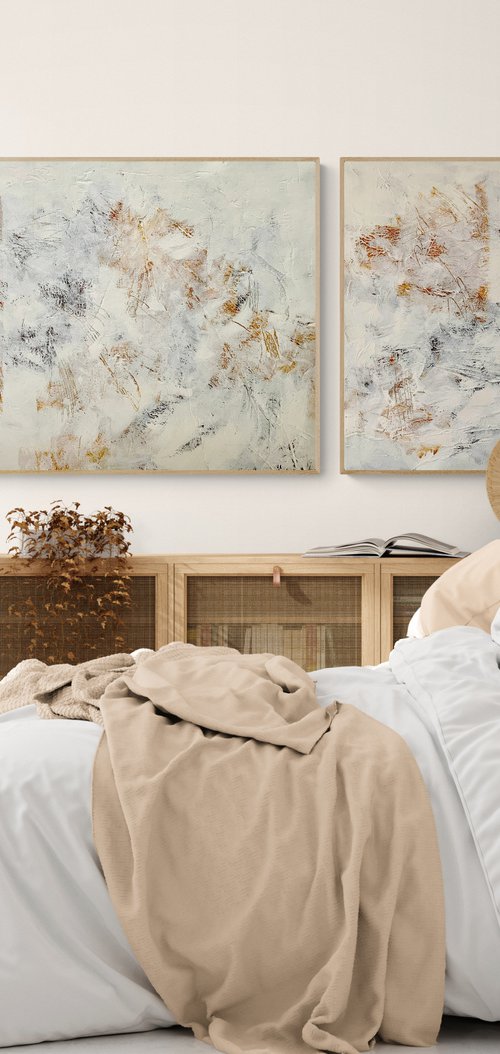 Abstraction No. 1222 white XXL- set of 2 white minimalism bright art by Anita Kaufmann