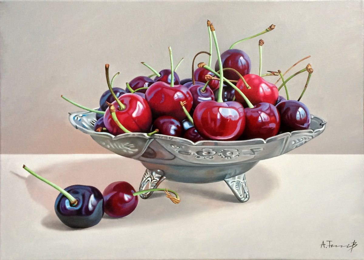 Cherries in a Silver Bowl by Alexander Titorenkov