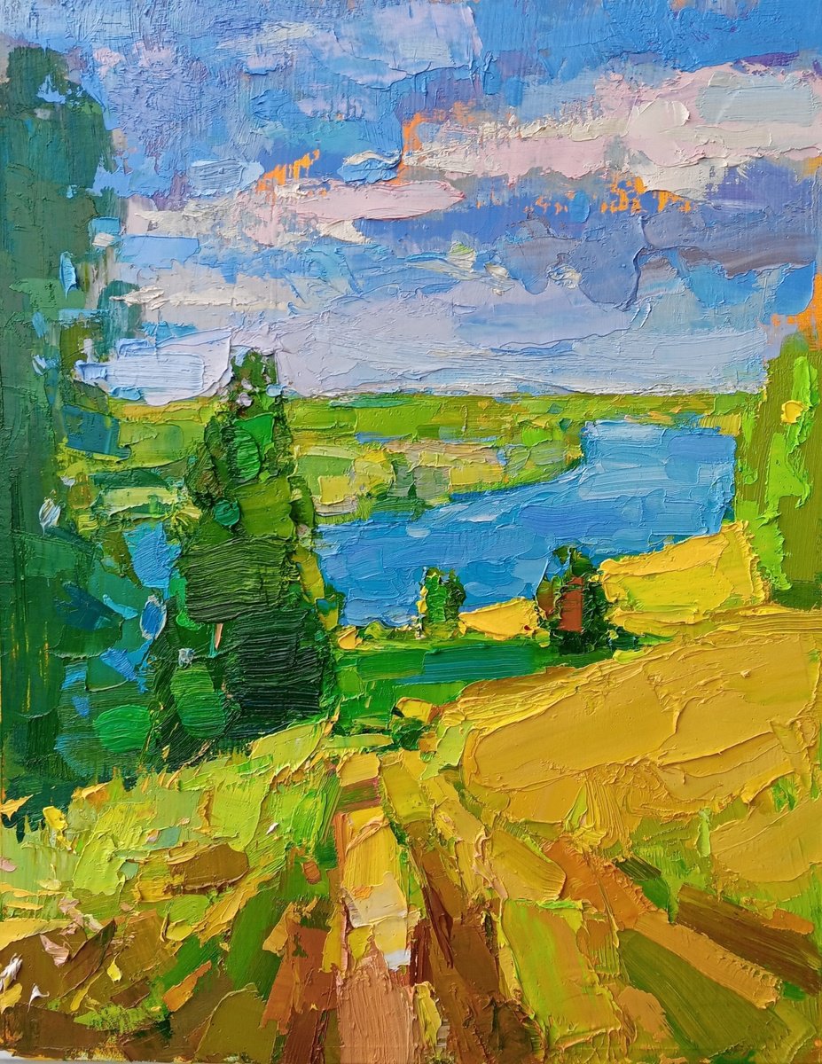 Impressionistic Landscape Oil Painting By Ruslan Khais, 14 X 17", Last Days Of Summer, Original Artwork